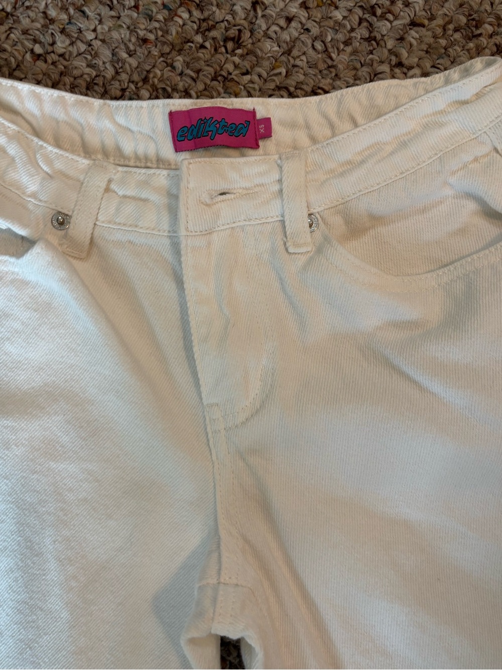 Edikted White Men's Jean Shorts with Pink Logo Tag